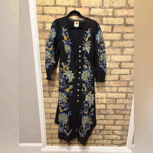 new Farm Rio stitched garden black floral midi long sleeve dress - Picture 4 of 8